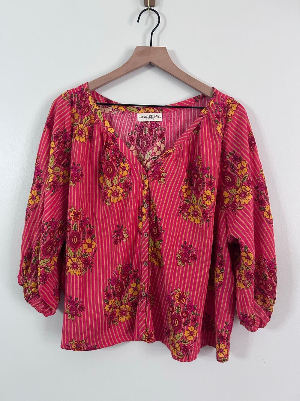 Natural Life Pink Floral Striped Tunic Peasant Blouse Boho Top Size XL